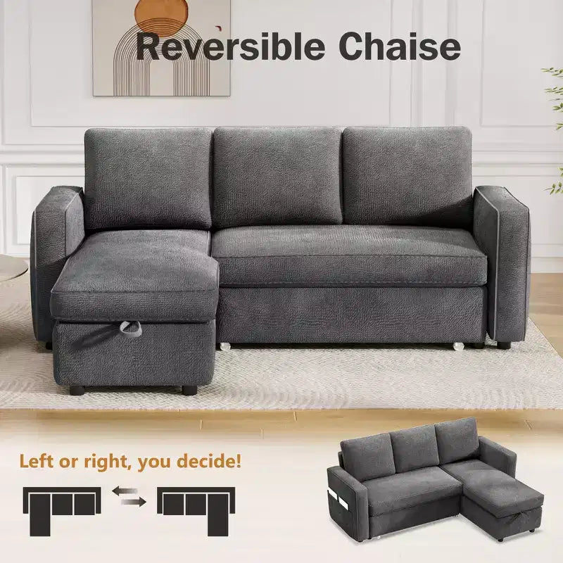 Canapé-lit convertible Dyonery 2-en-1 avec méridienne de rangement réversible pour chambre 81 – Canapé d'angle en L avec poches latérales