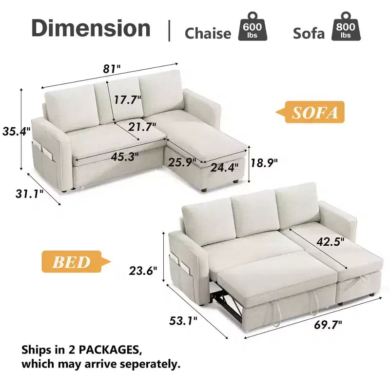 Canapé-lit convertible Dyonery 2-en-1 avec méridienne de rangement réversible pour chambre 81 – Canapé d'angle en L avec poches latérales