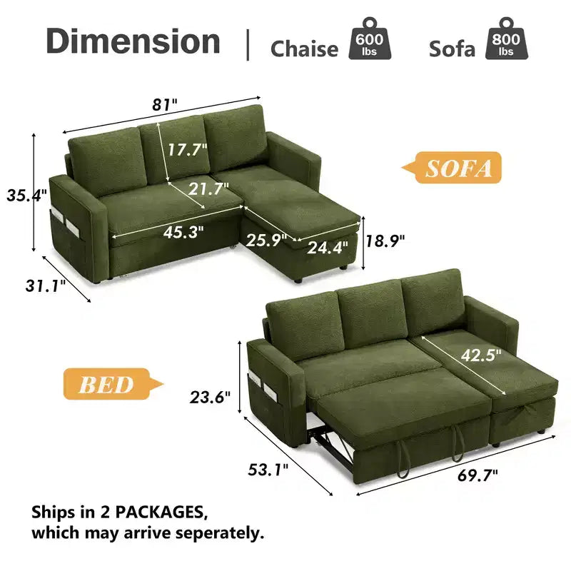 Canapé-lit convertible Dyonery 2-en-1 avec méridienne de rangement réversible pour chambre 81 – Canapé d'angle en L avec poches latérales