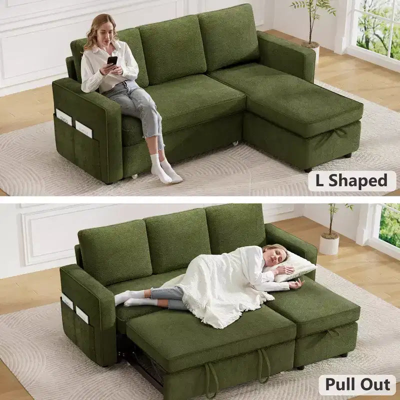 Canapé-lit convertible Dyonery 2-en-1 avec méridienne de rangement réversible pour chambre 81 – Canapé d'angle en L avec poches latérales