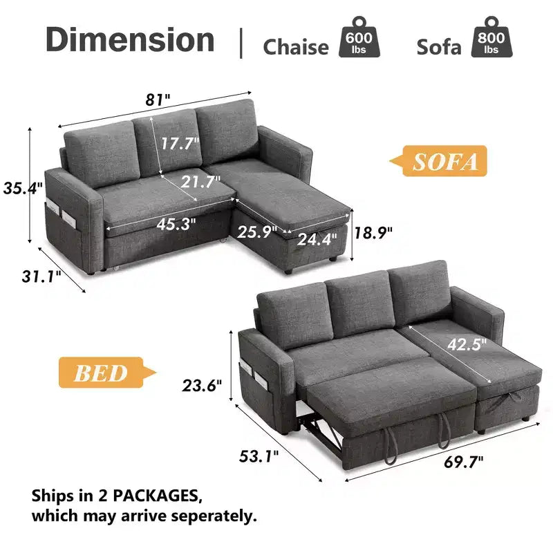 Canapé-lit convertible Dyonery 2-en-1 avec méridienne de rangement réversible pour chambre 81 – Canapé d'angle en L avec poches latérales