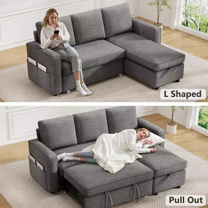 Canapé-lit convertible Dyonery 2-en-1 avec méridienne de rangement réversible pour chambre 81 – Canapé d'angle en L avec poches latérales