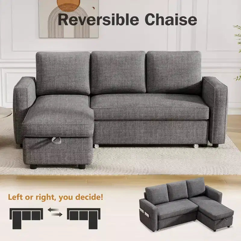 Canapé-lit convertible Dyonery 2-en-1 avec méridienne de rangement réversible pour chambre 81 – Canapé d'angle en L avec poches latérales