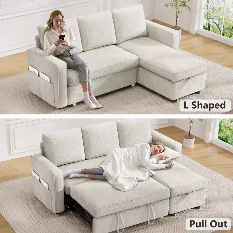 Canapé-lit convertible Dyonery 2-en-1 avec méridienne de rangement réversible pour chambre 81 – Canapé d'angle en L avec poches latérales