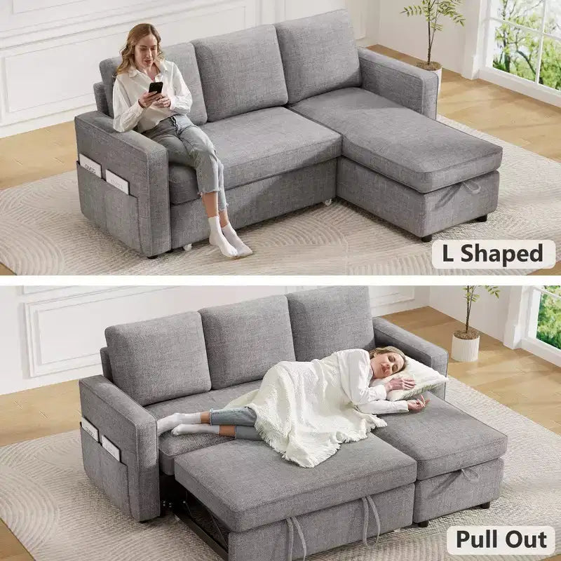 Canapé-lit convertible Dyonery 2-en-1 avec méridienne de rangement réversible pour chambre 81 – Canapé d'angle en L avec poches latérales