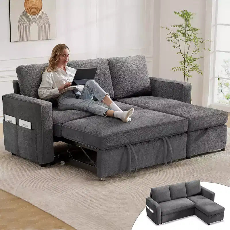 Canapé-lit convertible Dyonery 2-en-1 avec méridienne de rangement réversible pour chambre 81 – Canapé d'angle en L avec poches latérales