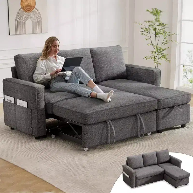 Canapé-lit convertible Dyonery 2-en-1 avec méridienne de rangement réversible pour chambre 81 – Canapé d'angle en L avec poches latérales