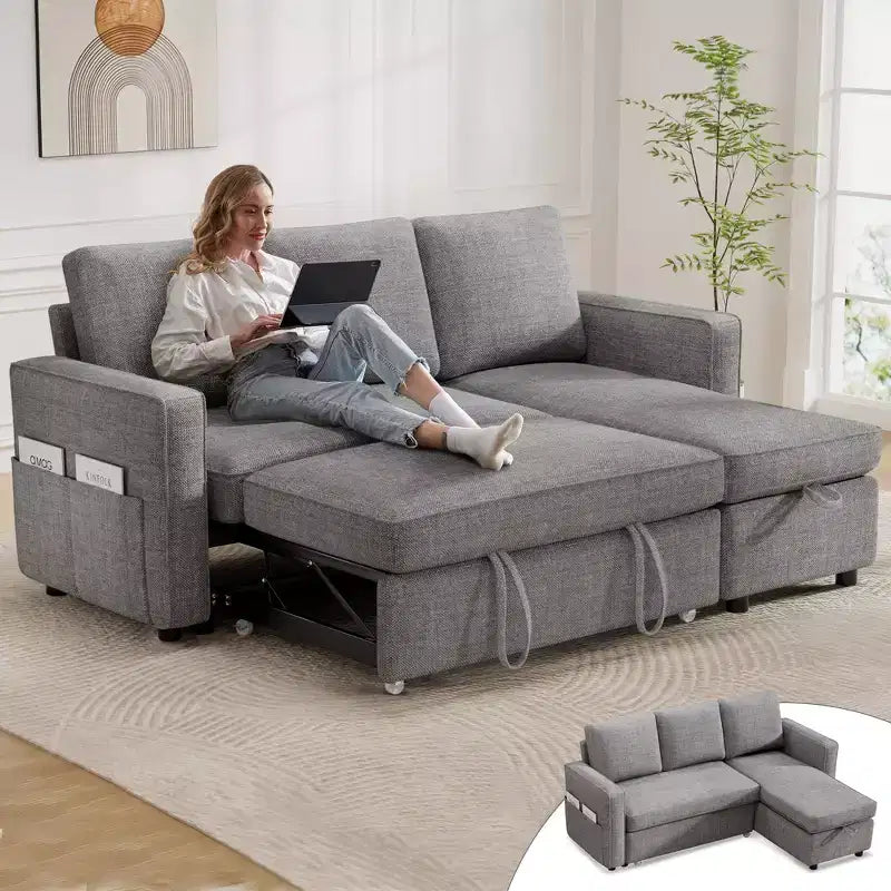 Canapé-lit convertible Dyonery 2-en-1 avec méridienne de rangement réversible pour chambre 81 – Canapé d'angle en L avec poches latérales