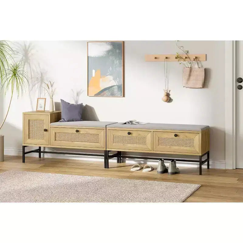 Banc à chaussures en rotin avec tiroir de rangement et coussin en lin, banc d'entrée et de chambre en bois, finition chêne naturel