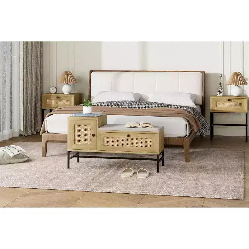 Banc à chaussures en rotin avec tiroir de rangement et coussin en lin, banc d'entrée et de chambre en bois, finition chêne naturel