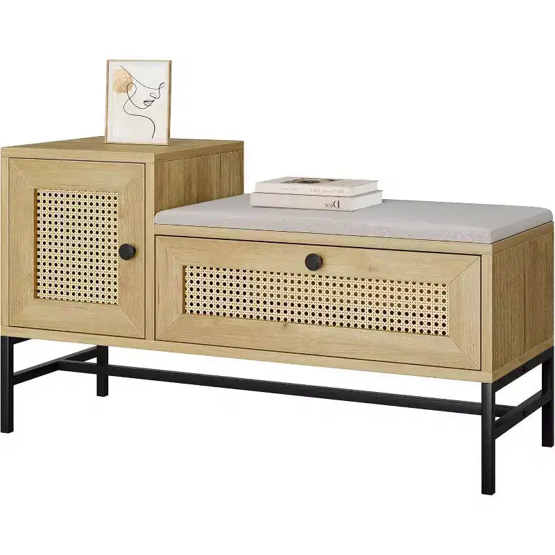 Banc à chaussures en rotin avec tiroir de rangement et coussin en lin, banc d'entrée et de chambre en bois, finition chêne naturel