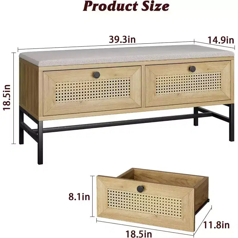 Banc à chaussures en rotin avec tiroir de rangement et coussin en lin, banc d'entrée et de chambre en bois, finition chêne naturel
