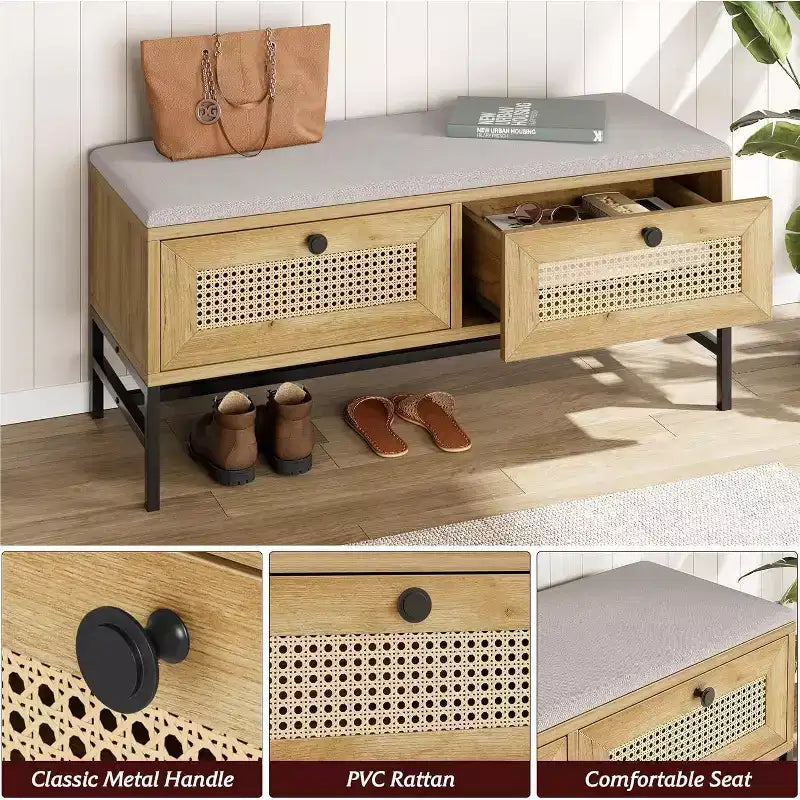 Banc à chaussures en rotin avec tiroir de rangement et coussin en lin, banc d'entrée et de chambre en bois, finition chêne naturel