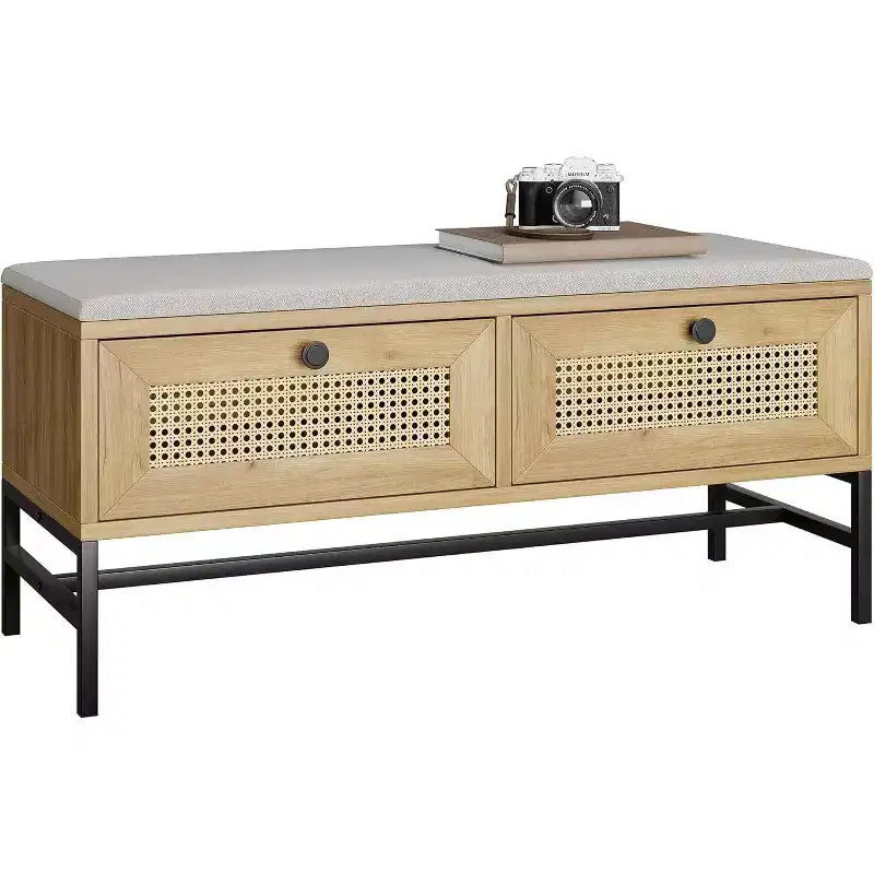 Banc à chaussures en rotin avec tiroir de rangement et coussin en lin, banc d'entrée et de chambre en bois, finition chêne naturel