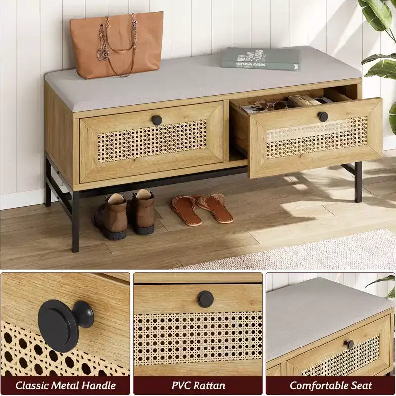 Banc à chaussures en rotin avec tiroir de rangement et coussin en lin, banc d'entrée et de chambre en bois, finition chêne naturel