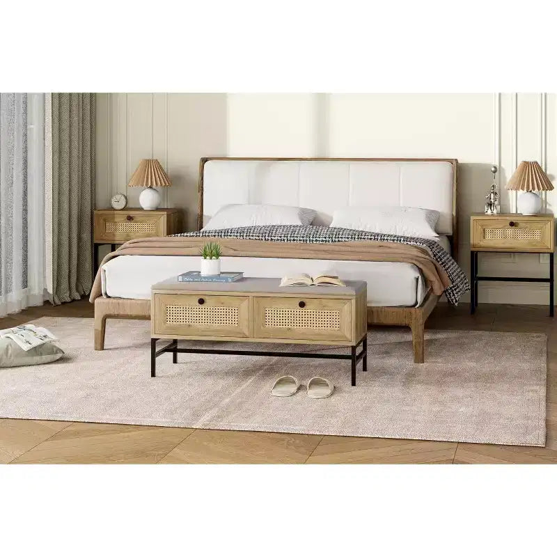 Banc à chaussures en rotin avec tiroir de rangement et coussin en lin, banc d'entrée et de chambre en bois, finition chêne naturel