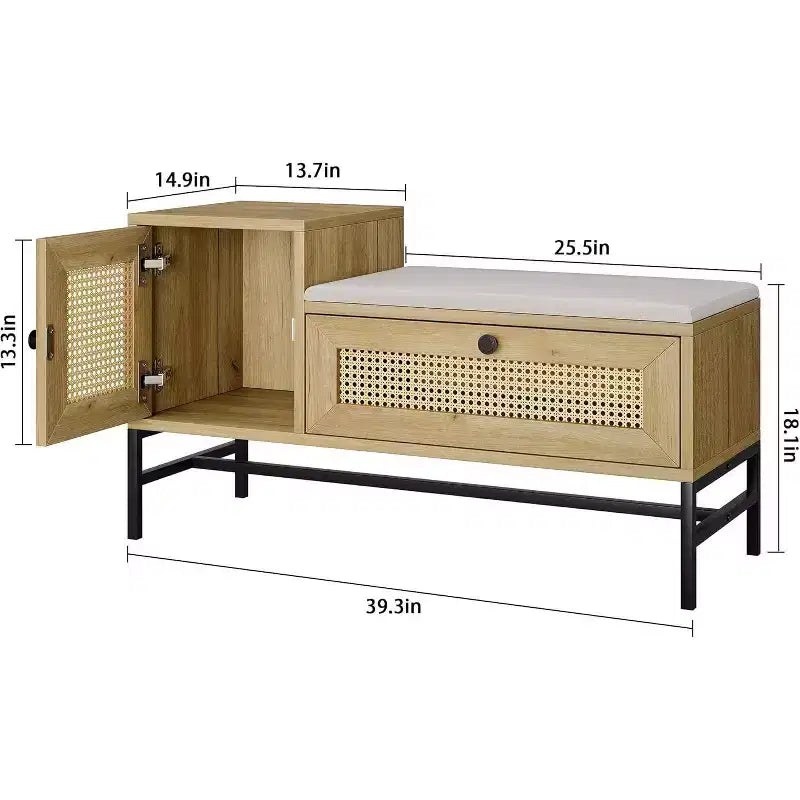 Banc à chaussures en rotin avec tiroir de rangement et coussin en lin, banc d'entrée et de chambre en bois, finition chêne naturel