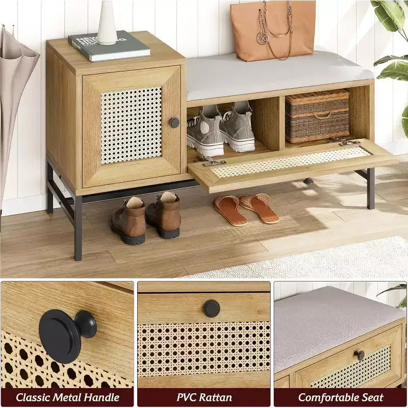 Banc à chaussures en rotin avec tiroir de rangement et coussin en lin, banc d'entrée et de chambre en bois, finition chêne naturel