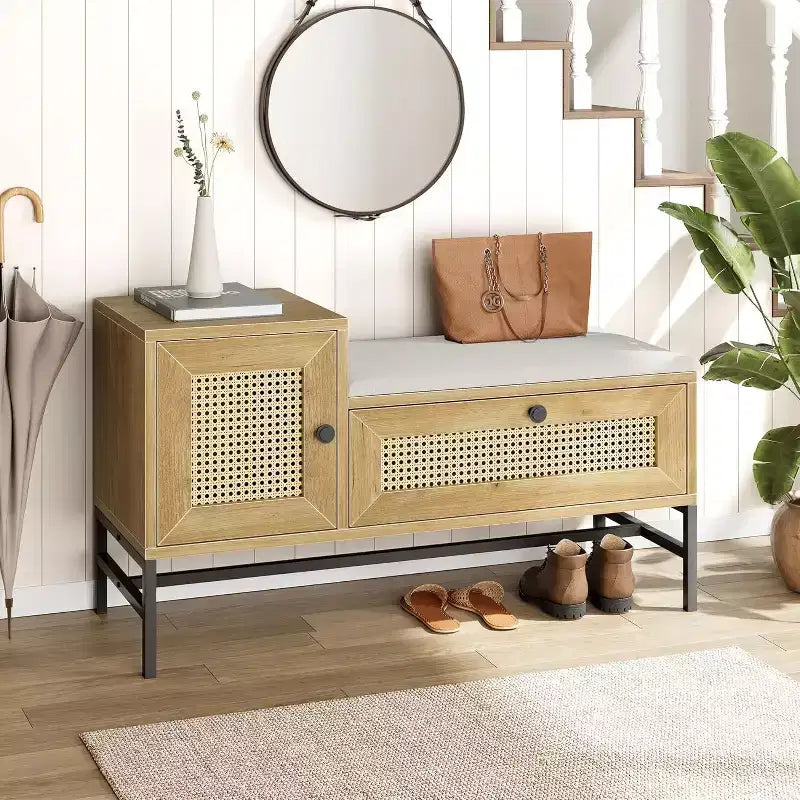 Banc à chaussures en rotin avec tiroir de rangement et coussin en lin, banc d'entrée et de chambre en bois, finition chêne naturel