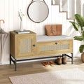 Banc à chaussures en rotin avec tiroir de rangement et coussin en lin, banc d'entrée et de chambre en bois, finition chêne naturel