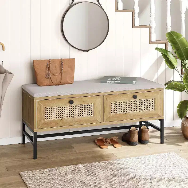 Acekool Rattan Shoe Bench with Storage Drawer and Linen Cushion, Wooden Entryway and Bedroom Bench, Natural Oak Finish