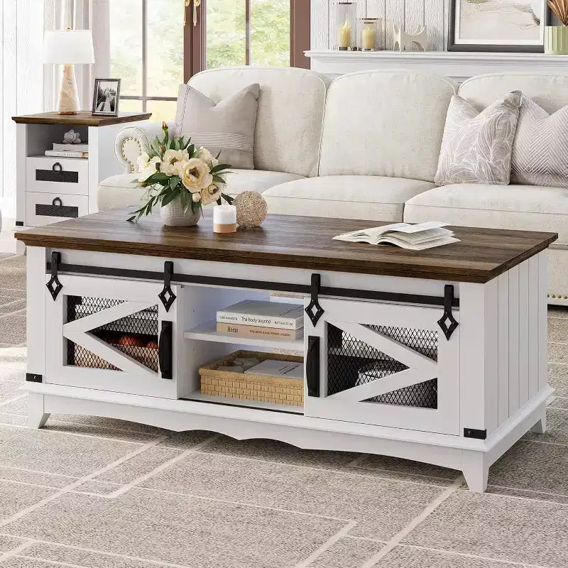 Acekool White Modern Coffee Table with 2 Handle-Free Drawers, Metal Legs & Open Back Shelf  Rectangle Center Table for Living Room, Easy Assembly