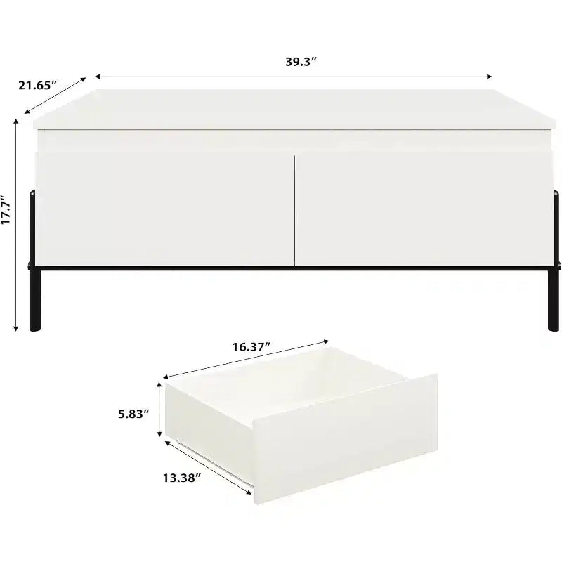 Table basse moderne blanche avec 2 tiroirs sans poignée, pieds en métal et étagère arrière ouverte Table centrale rectangulaire pour salon, montage facile