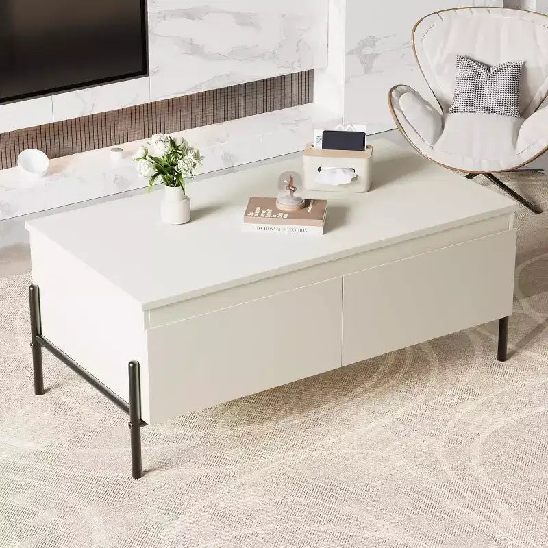 Table basse moderne blanche avec 2 tiroirs sans poignée, pieds en métal et étagère arrière ouverte Table centrale rectangulaire pour salon, montage facile