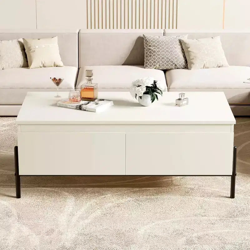 Table basse moderne blanche avec 2 tiroirs sans poignée, pieds en métal et étagère arrière ouverte Table centrale rectangulaire pour salon, montage facile