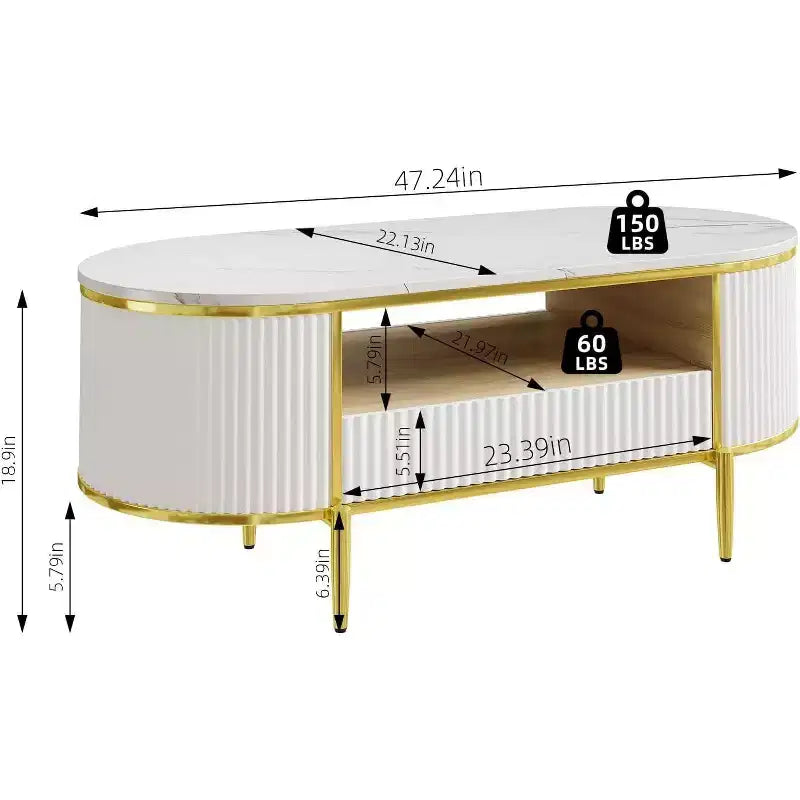 Table basse moderne blanche avec 2 tiroirs sans poignée, pieds en métal et étagère arrière ouverte Table centrale rectangulaire pour salon, montage facile