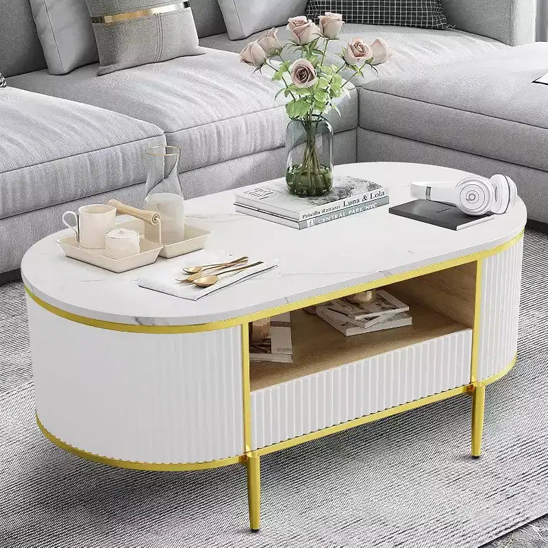Table basse moderne blanche avec 2 tiroirs sans poignée, pieds en métal et étagère arrière ouverte Table centrale rectangulaire pour salon, montage facile