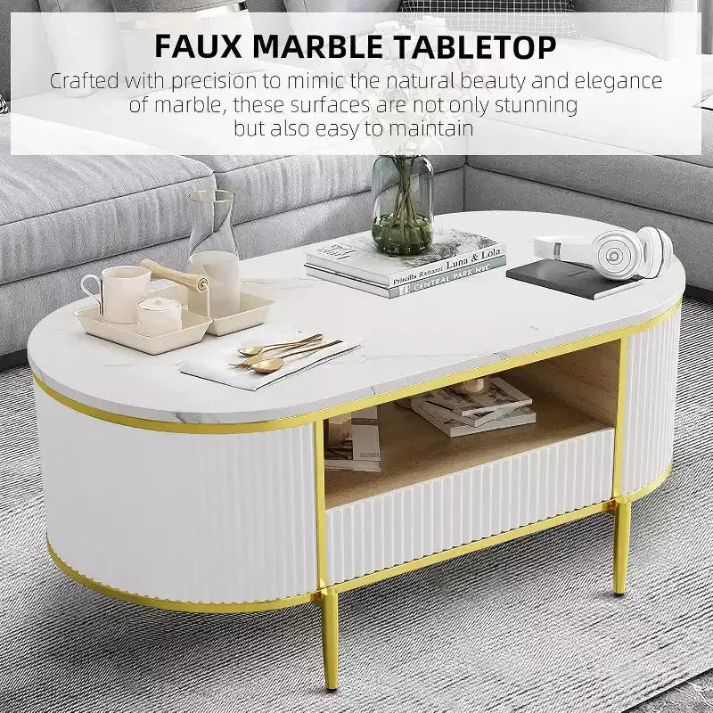 Table basse moderne blanche avec 2 tiroirs sans poignée, pieds en métal et étagère arrière ouverte Table centrale rectangulaire pour salon, montage facile