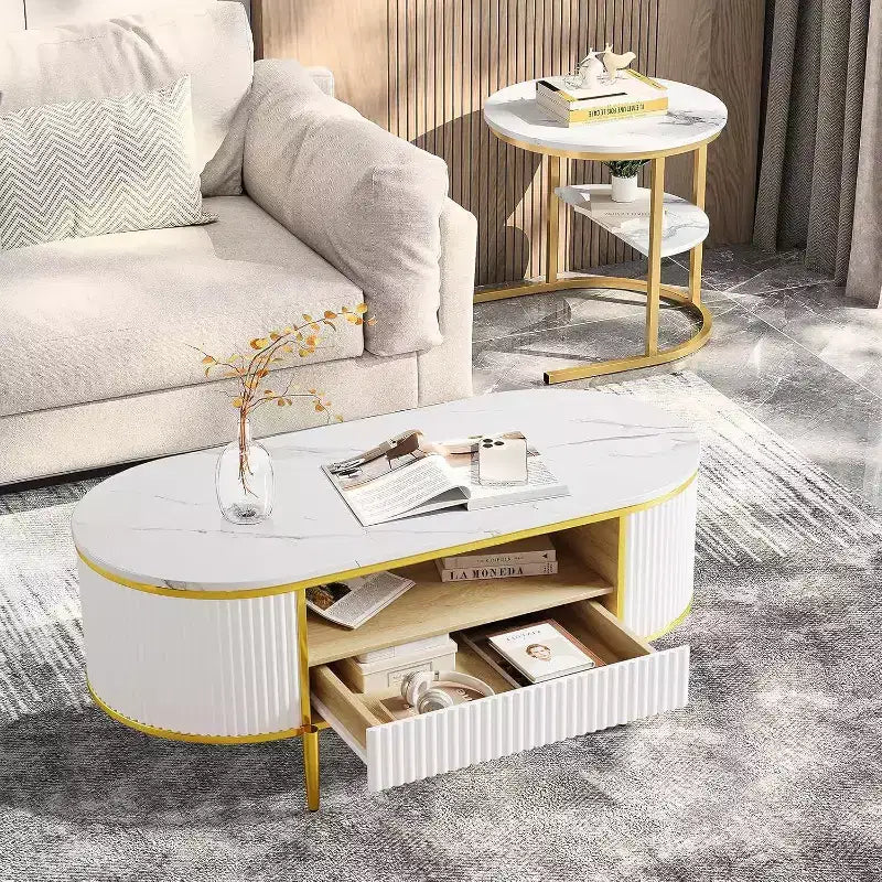 Table basse moderne blanche avec 2 tiroirs sans poignée, pieds en métal et étagère arrière ouverte Table centrale rectangulaire pour salon, montage facile