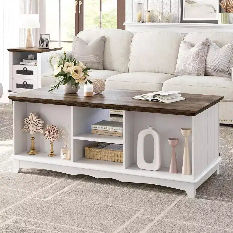 Table basse moderne blanche avec 2 tiroirs sans poignée, pieds en métal et étagère arrière ouverte Table centrale rectangulaire pour salon, montage facile