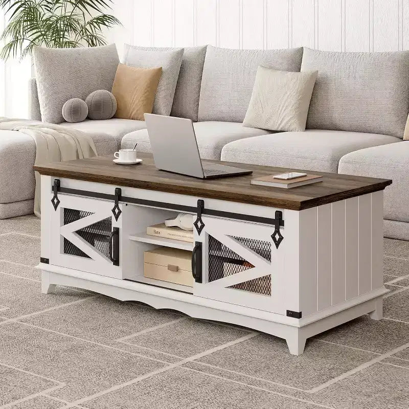Table basse moderne blanche avec 2 tiroirs sans poignée, pieds en métal et étagère arrière ouverte Table centrale rectangulaire pour salon, montage facile