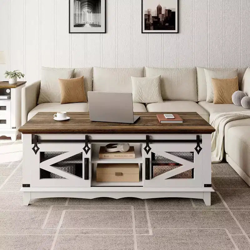 Table basse moderne blanche avec 2 tiroirs sans poignée, pieds en métal et étagère arrière ouverte Table centrale rectangulaire pour salon, montage facile
