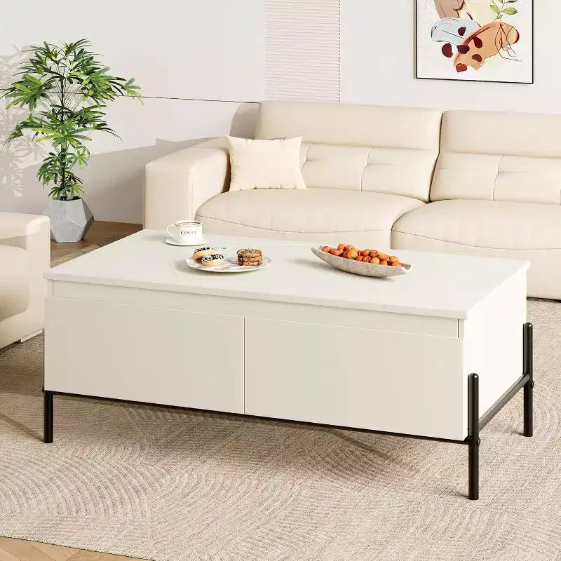 Table basse moderne blanche avec 2 tiroirs sans poignée, pieds en métal et étagère arrière ouverte Table centrale rectangulaire pour salon, montage facile