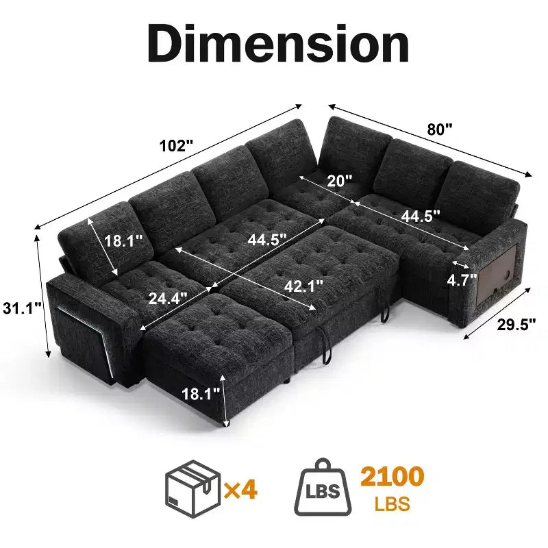 Canapé d'angle en U Dyonery 7 places, canapé-lit modulable, avec lit gigogne, dossier inclinable, rangement, montage sans outils, velours des neiges