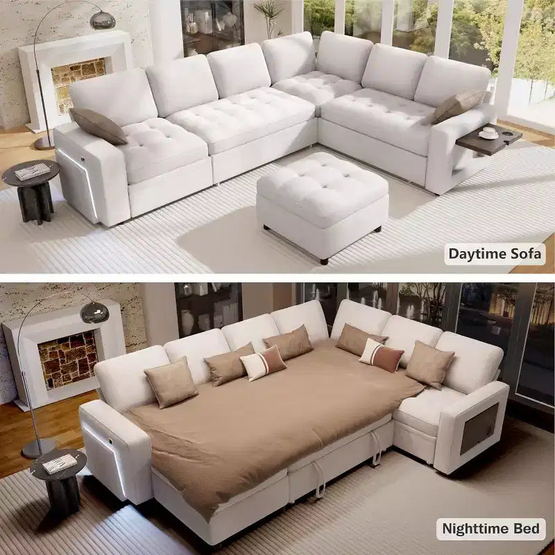 Canapé d'angle en U Dyonery 7 places, canapé-lit modulable, avec lit gigogne, dossier inclinable, rangement, montage sans outils, velours des neiges