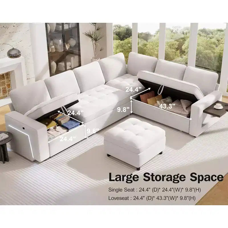 Canapé d'angle en U Dyonery 7 places, canapé-lit modulable, avec lit gigogne, dossier inclinable, rangement, montage sans outils, velours des neiges