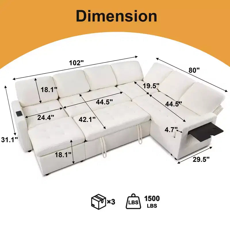 Canapé d'angle en U Dyonery 7 places, canapé-lit modulable, avec lit gigogne, dossier inclinable, rangement, montage sans outils, velours des neiges
