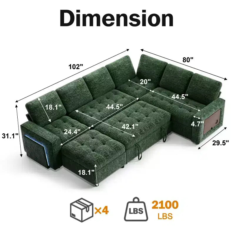 Canapé d'angle en U Dyonery 7 places, canapé-lit modulable, avec lit gigogne, dossier inclinable, rangement, montage sans outils, velours des neiges