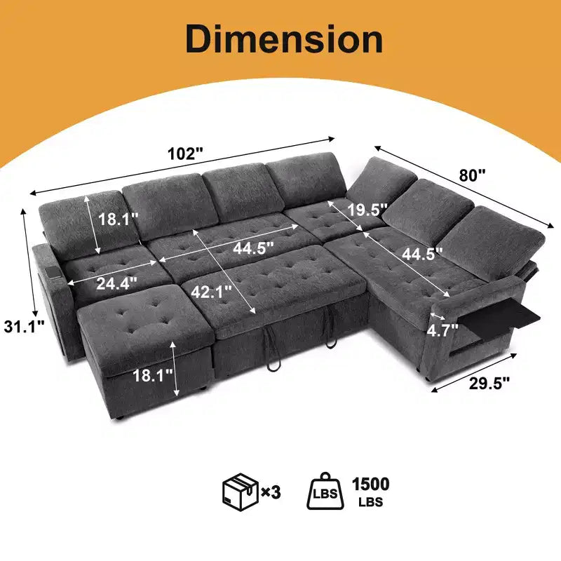 Canapé d'angle en U Dyonery 7 places, canapé-lit modulable, avec lit gigogne, dossier inclinable, rangement, montage sans outils, velours des neiges