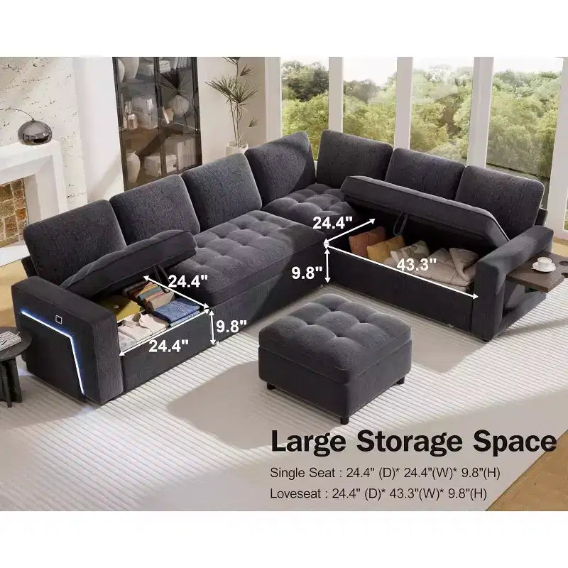 Canapé d'angle en U Dyonery 7 places, canapé-lit modulable, avec lit gigogne, dossier inclinable, rangement, montage sans outils, velours des neiges