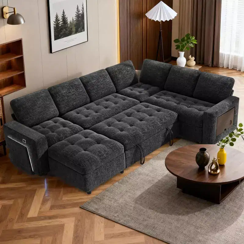 Canapé d'angle en U Dyonery 7 places, canapé-lit modulable, avec lit gigogne, dossier inclinable, rangement, montage sans outils, velours des neiges