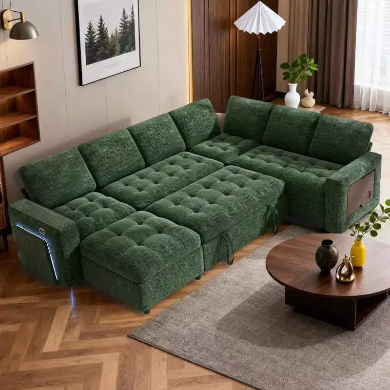 Canapé d'angle en U Dyonery 7 places, canapé-lit modulable, avec lit gigogne, dossier inclinable, rangement, montage sans outils, velours des neiges