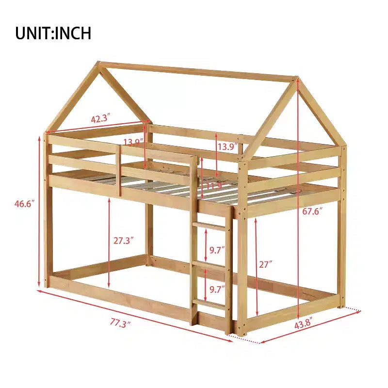Lit superposé double en bois d'hévéa avec échelle, barrières de sécurité, lit superposé en forme de maison beige