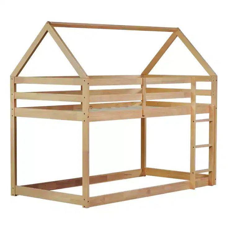 Lit superposé double en bois d'hévéa avec échelle, barrières de sécurité, lit superposé en forme de maison beige