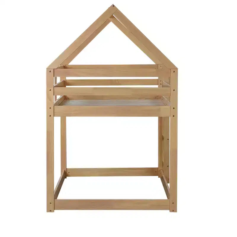 Lit superposé double en bois d'hévéa avec échelle, barrières de sécurité, lit superposé en forme de maison beige
