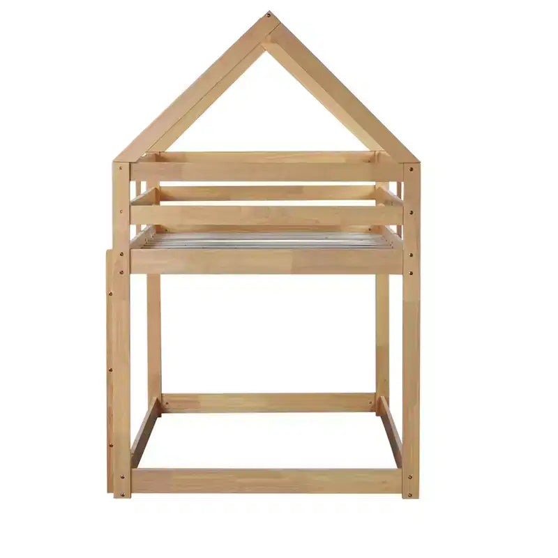 Lit superposé double en bois d'hévéa avec échelle, barrières de sécurité, lit superposé en forme de maison beige